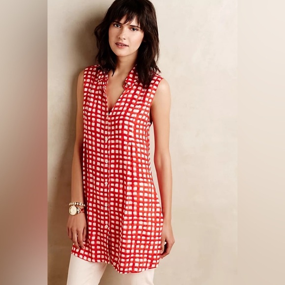 Anthropologie Tops - Anthropologie 11:1 Tylho Percy Tunic Red White Gingham  Plaid Windowpane Medium